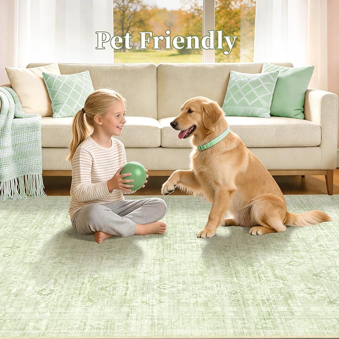 8x10 Area Rugs for Living Room, Neutral Vintage Boho Carpet, Light Green | TTelephant Washable Low Pile Indoor Rug for Bedroom and Nursery with Non-Slip Silicone Backing, Non-Shedding