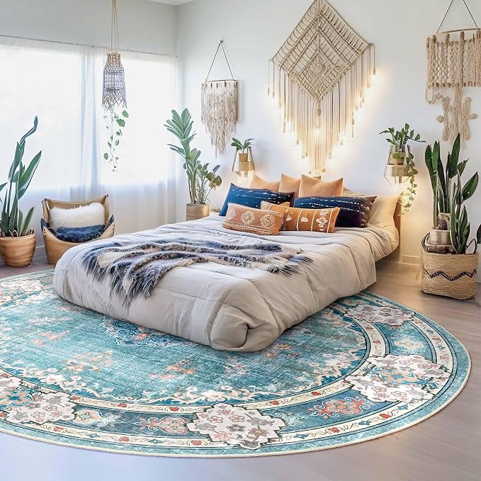 MUJOO Teal Round Rug 9ft,Circle Washable Area Rug Non Slip Floral | Large Circular Rugs for Living Room Bedroom Dining Room Boho Throw Carpet Low-Pile Soft Floor Indoor Flowers Blue Colorful