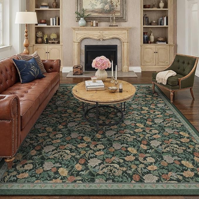 HUGEAR Retro Area Rugs 8x10 Washable Living Room Bedroom Rugs Vintage Floral Throw Carpet Dark Green Stain Resistant Non Slip Low Pile for Home Aesthetic Modern Decor