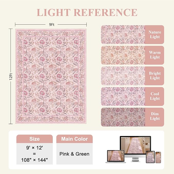 DUKINO 9x12 Area Rug for Living Room, Vintage Floral Washable Rug, Pink | Non Slip, Low Pile, Non-Shedding, Stain Resistant, Aesthetic Soft Indoor Large Carpet for Bedroom Dining Room Farmhouse