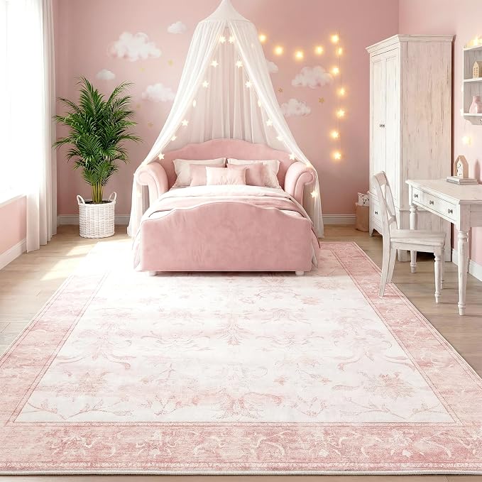 Large Floral Washable Area Rug, 0.3" Low Pile Vintage Nursery Rug, Non-Slip Cotton-Backed Silicone Grip, Spill Resistant Soft Carpet for Girls Bedroom, 8'x10', Blush Pink/White