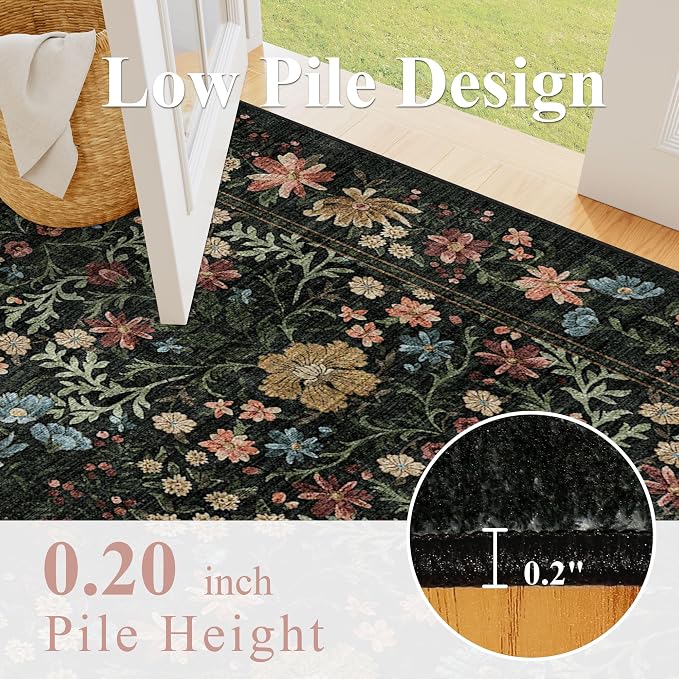 DUKINO 8x10 Area Rugs, Vintage Floral Washable Rug for Living Room, Black | Non Slip, Low Pile, Non-Shedding, Stain Resistant, Aesthetic Soft Indoor Large Carpet for Bedroom, Dining Room, Farmhouse