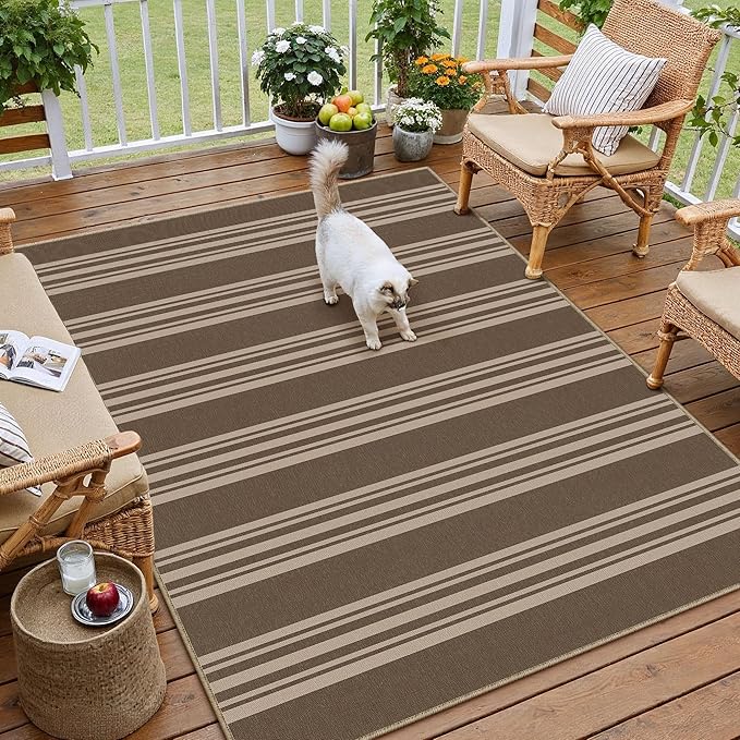PureCozy Outdoor Rug 3x5 Washable Striped Jute Look Non Slip Carpet | Nature Stripe Farmhouse Design, Indoor Outdoor Rug for Entryway Kitchen Bathroom Bedroom, Non Shedding, Neutral Decor