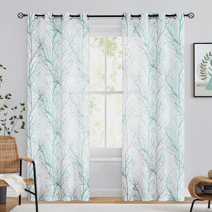 FMFUNCTEX Linen Aqua Blue White Semi Sheer Print Curtains 96 Inch 2 Panels | Branch Sheer Patterned Drapes, Light Filtering Grommet Panels for Bedroom, Living Room, Basement, and Farmhouse Curtain