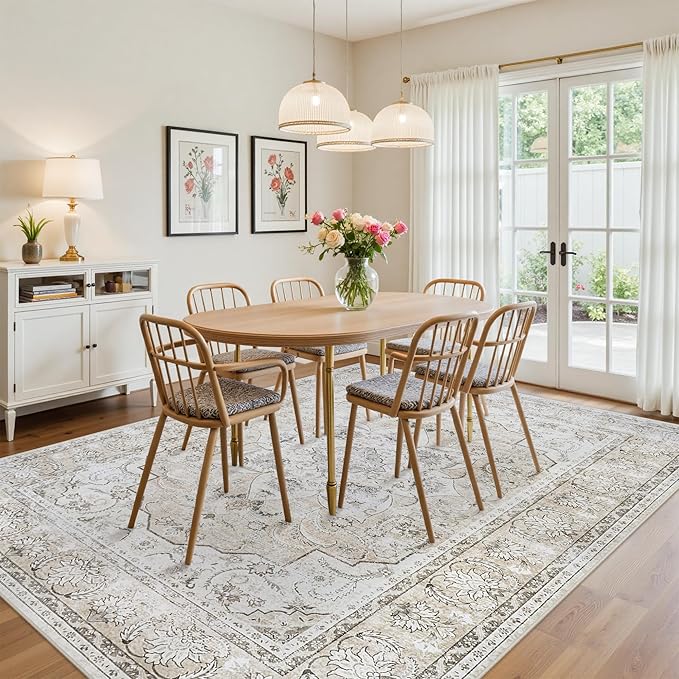 9x12 Area Rugs for Living Room:Beige Washable Vintage Medallion Carpet Non-Slip Soft Low Pile Large Rugs Indoor Retro Rug for Bedroom Nursery Dining Table Office Home(Beige White, 9'x12')