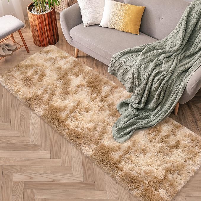2x6 Soft Fluffy Beige Runner Rug for Bedroom Hallway, Plush Shag Rug Tan Carpet Non Slip Washable for Nursery Dorm Living Room, Fuzzy Bedside Long Rug Runner for Kids Girls Room Decor