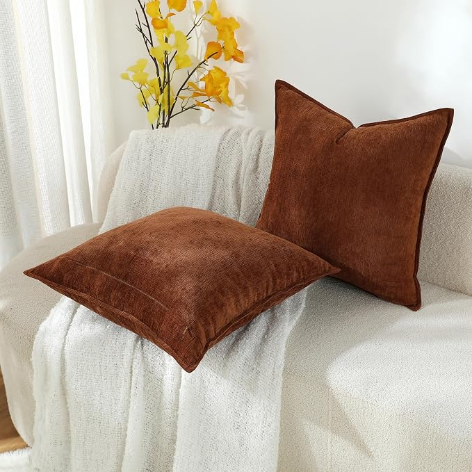 Stellhome Soft Chenille Decorative Pillow Covers 20x20 Inch Natural Mocha Brown Boho Farmhouse Neutral Couch Throw Pillows for Bed Sofa Livingroom Pack of 2 Accent Modern Pillowcase Home Decor