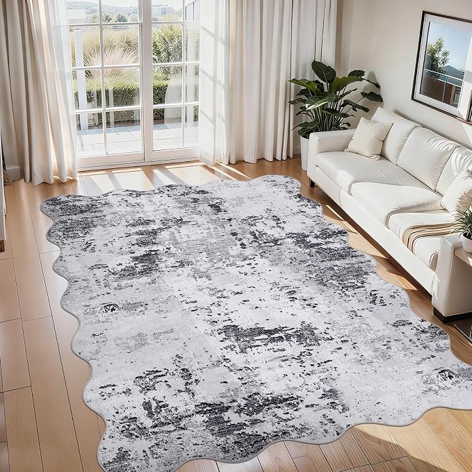 ROYHOME 5x7 Modern Abstract Scalloped Area Rugs Faux Wool Rug Ultra-Soft Low Pile Stain Resistant Machine Washable Carpet for Bedroom with Non Slip Backing, Grey