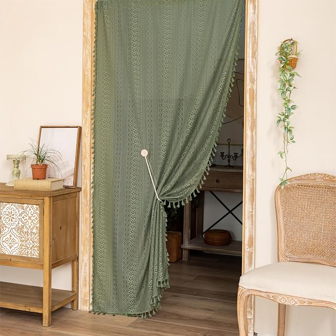 Sutuo Home Olive Green Boho Doorway Curtains for Doorway Closet, Lace Sheer Door Curtains for Front Door Crochet Vintage Tassels Bohemian Privacy Temporary Room Divider Rod Pocket,1 Panel 37" x 80"