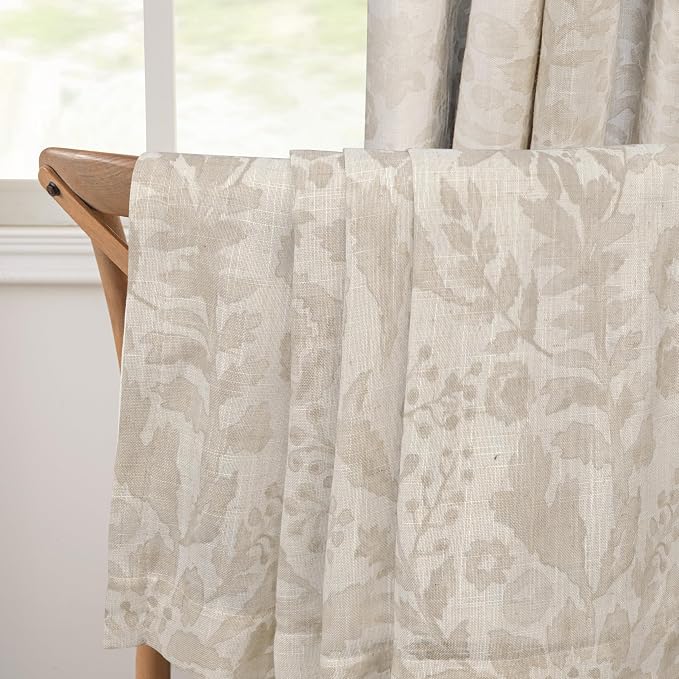 DriftAway Julia 100% Blackout Curtains Grommet 2 Panels, W52xL84, Beige | Floral Curtains, Bedroom, Living Room, Linen Blend, Watercolor Pattern, 2 Layers, Thermal Insulated, Window Treatment