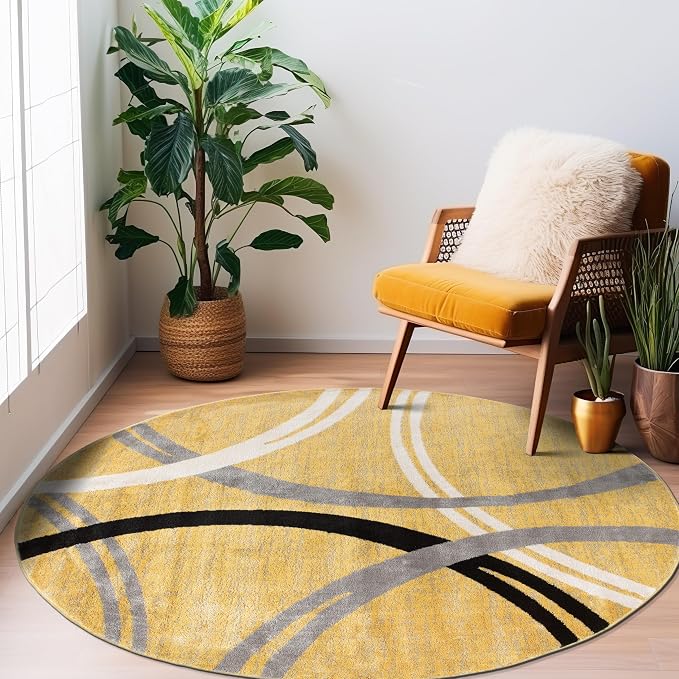 Rugshop Wavy Circles Fade-Resistant Living Room Round Rug Yellow 6'6"