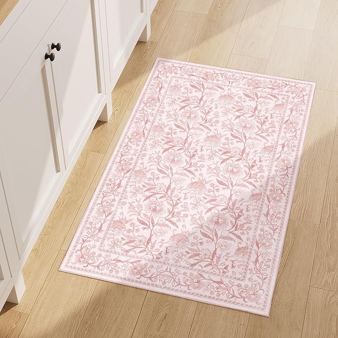 DUKINO 2x3 Rug, Washable Vintage Floral Bathroom Rugs Non Slip, Light Pink | Low Pile, Stain Resistant Boho Soft Indoor Door Mat, Small Front Door Carpet for Entryway Kitchen Laundry Bedroom Farmhouse