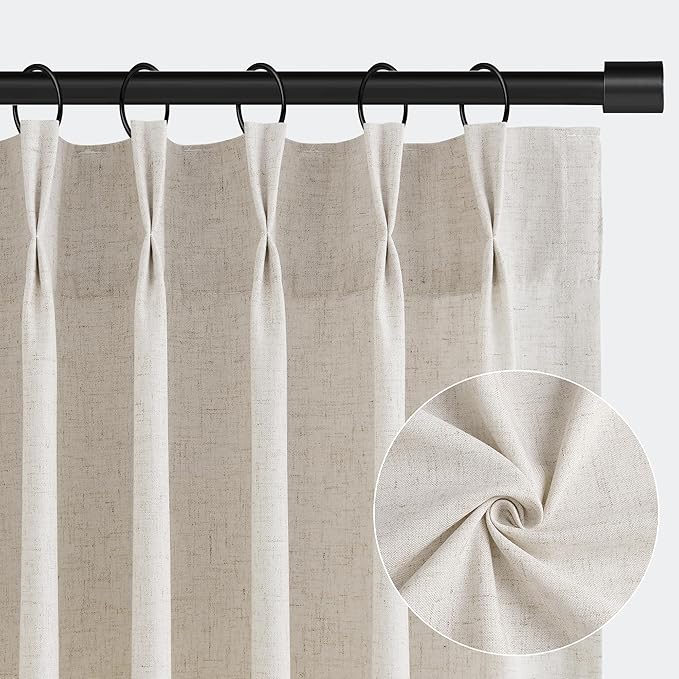 Mousse White Linen Pinch Pleated Semi Sheer Curtains 90 Inches Long for Living Room Bedroom Light Filtering Natural Textured Burlap Drapes 90 Length Hooks Rings Back Tab for Sliding Door 2 Panels