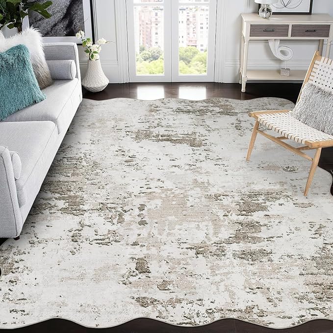 ROYHOME 9x12 Modern Abstract Scalloped Accent Rug Non Slip Stain Resistant Throw Rug Low Pile Machine Washable Indoor Floor Cover for Living Room Bedroom Office Home Decor, Taupe