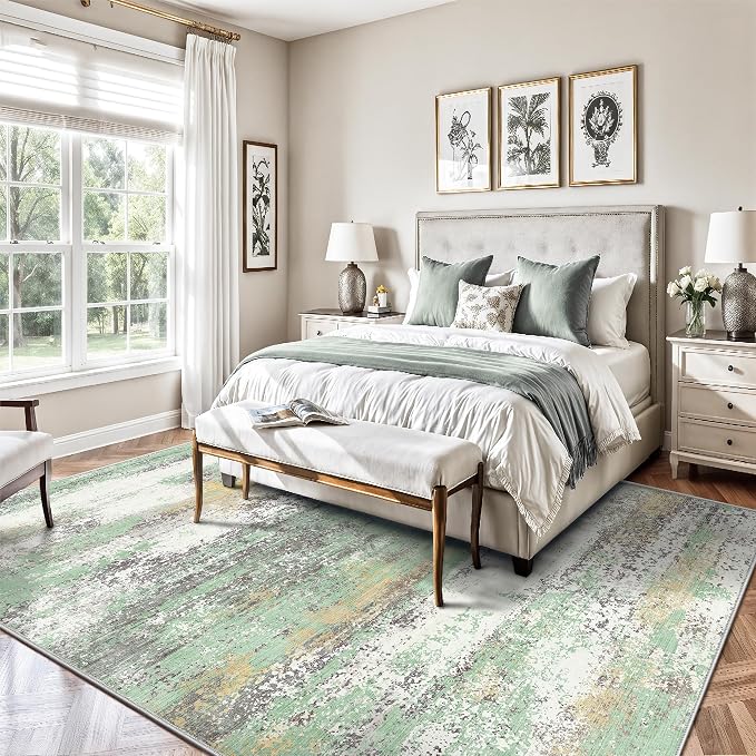 5x7 Area Rugs, Abstract Modern Ultra Soft Washable Rug, Non Slip Carpet with Rubber Back Stain Resistance Rugs for Living Room, Bedroom, Dining Room Decor(Light Green/Cream)