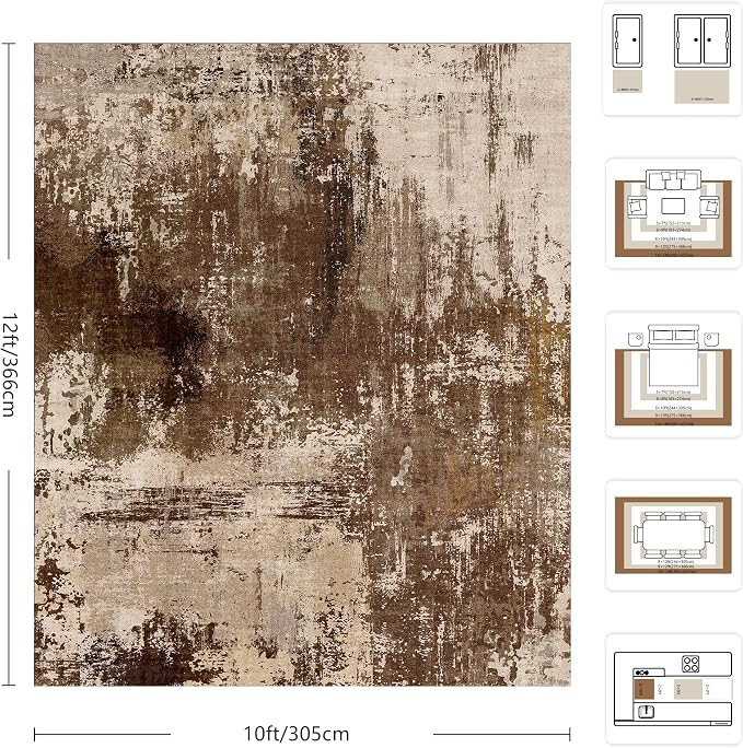 10x12 Area Rugs - Modern Abstract Washable Rug, Ultra Soft Non Slip Low Pile Large Brown Rugs for Living Room, Floor Carpet for Bedroom Dining Room Office Laundry Nursery Home
