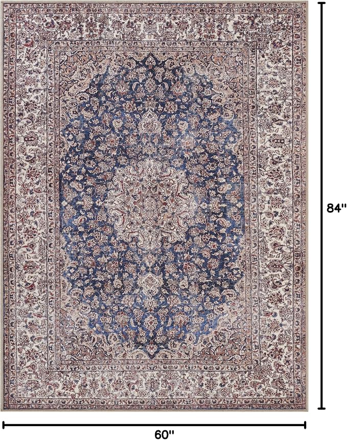 Bloom Rugs Washable Non-Slip 5' x 7' Rug - Dark Blue/Beige Traditional Medallion Area Rug for Living Room, Bedroom, Dining Room, and Kitchen - Exact Size: 5' x 7'