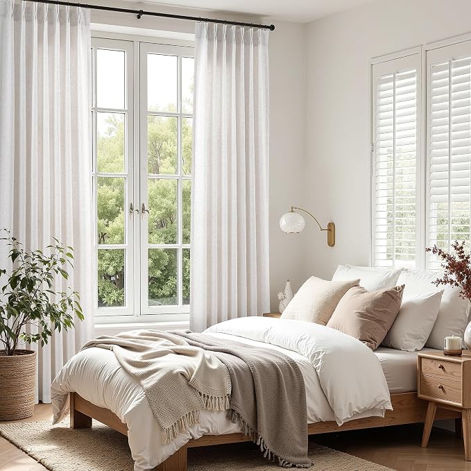 Aersas Beige White Pinch Pleated Linen Curtains 63 Inch Length 2 Panels for Living Room Bedroom Semi Sheer Window Curtain Boho Neutral Back Tab Pinch Pleat Drape with Hooks 40x63