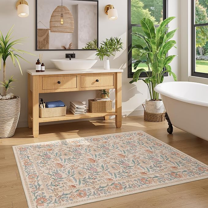 DUKINO 3x5 Rug, Washable Vintage Floral Bedroom Area Rug Non Slip, Beige | Low Pile, Non-Shedding, Stain Resistant Boho Lightweight Soft Indoor Carpet for Bathroom Office Dining Living Room Farmhouse