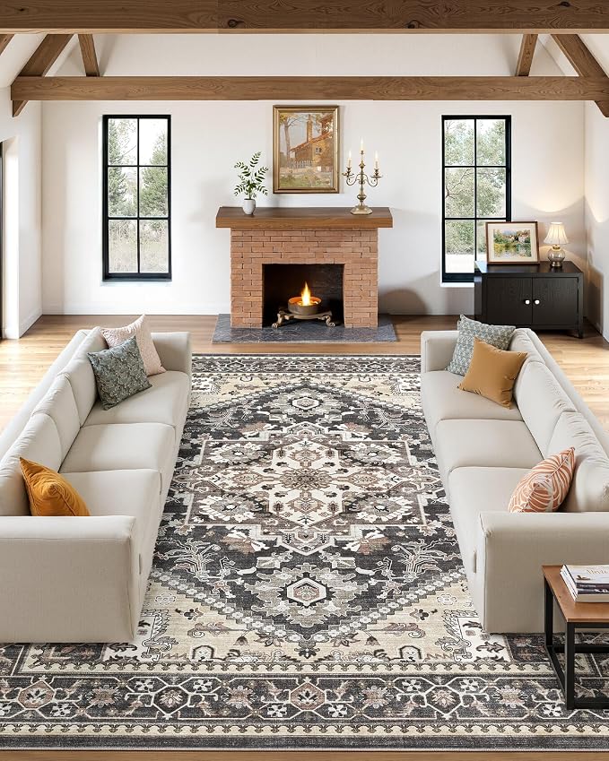 12x15 Vintage Area Rug: Washable Neutral Soft Non Slip Thin Large Floor Carpet for Living Room Bedroom Kitchen Dining Room Home Office Farmhouse Indoor - Black
