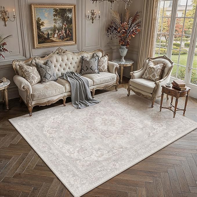 PureCozy 6x9 Area Rug Washable Grey Vintage Oriental Medallion | Non Slip, Soft Low Pile, Indoor Carpet for Living Room, Bedroom, Dining Room, Retro Decor