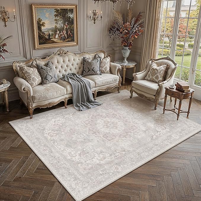PureCozy 5x7 Area Rug Washable Grey Vintage Oriental Medallion | Non Slip, Soft Low Pile, Indoor Carpet for Bedroom, Living Room, Dining Room, Retro Decor