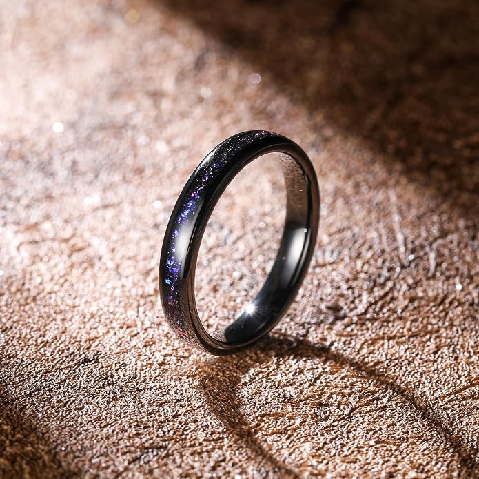 THREE KEYS JEWELRY 4mm 8mm Black Tungsten Wedding Band for Men Women, Blue Green Sandstone & Purple Galaxy Inlay, Domed Polished Comfort Fit Anniversary Engagement Ring