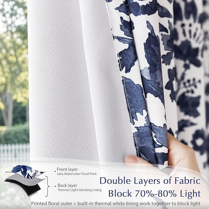 DriftAway Julia Blackout Curtains Grommet 2 Panels, W52xL84, Navy | Floral Curtains, Bedroom, Living Room, Room Darking, Watercolor Pattern, 2 Layers, Thermal Insulated, Window Treatment