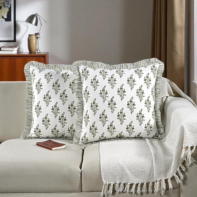 Ridhi Natural Spring Block Print Ruffle Throw Pillow Cover 18" x 18" (Pack of 2) Decorative Cushion Covers with Ruffle for Couch, Sofa, Bed, Living Room, Home Decor Gift for Spring, Mother's Day