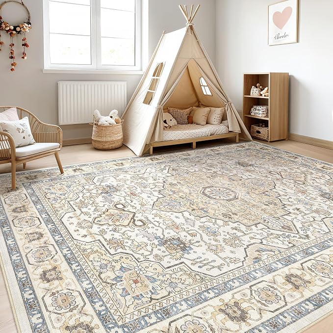 9x12 Area Rug Living Room: Washable Boho Large Neutral Vintage Soft Rug Stain Resistant Farmhouse Non-Slip Indoor Floor Carpet for Bedroom Nursery Kids Playroom Office Dining Room- Sand Blue