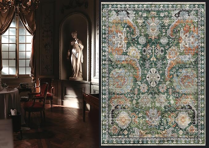 RUGSURE Washable Area Rugs - Perfect for Living Room, Bedroom, Kids Room, Nursery - Stain & Water Resistant Non-Slip, Pet & Child Friendly, Vintage Tribal Area Rugs (Green, 6' x 9')