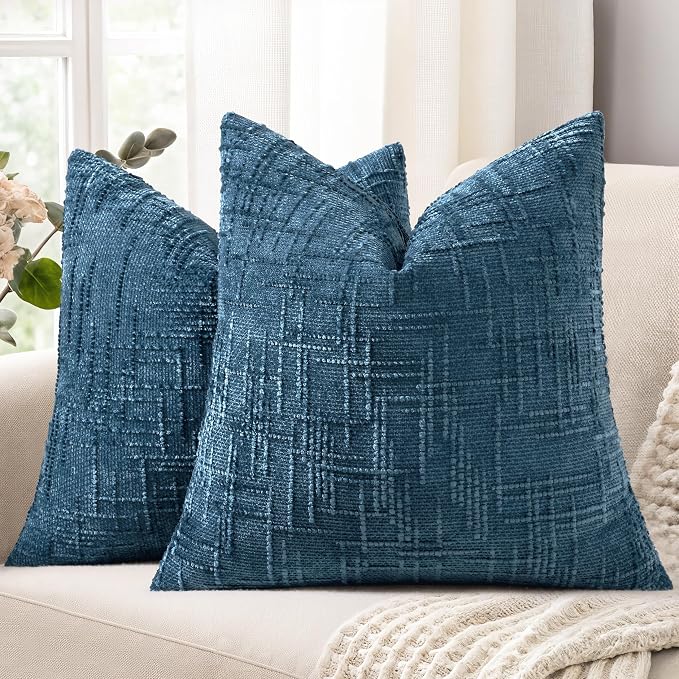 decorUhome Textured Chenille Throw Pillow Covers 26x26 Set of 2 Navy Blue | Fall Modern Farmhouse Soft Cozy Slubby Couch Pillow Cases Boho Decorative Pillow Cases for Bed Sofa Living Room Home Decor