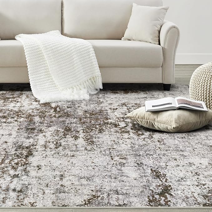DMOYEST 10x14 Area Rug for Living Room, Washable & Non Slip Large Indoor Carpet, Kid & Pet Friendly Soft Thin Low Pile Abstract Rug for Bedroom and Office - Dark Brown