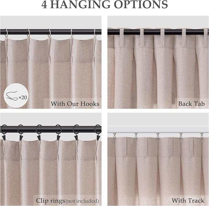 Aersas Oatmeal Pinch Pleat Linen Curtains 90 Inch Length 2 Panels Set for Bedroom Dinging Room Semi Sheer Boho Farmhouse Neutral Window Curtains 90 Inches Long for Living Room Nursery 40x90