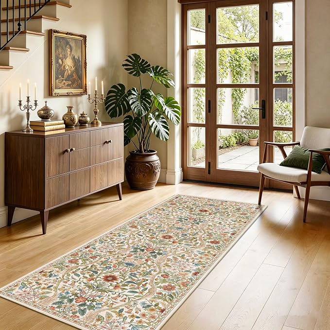 2x5 Washable Runner Rug,Beige Floral Long Rugs for Hallway,Low-Pile Non-Slip Stain Resistant Carpet for Kitchen, Bedside,Laundry Room,Entryway