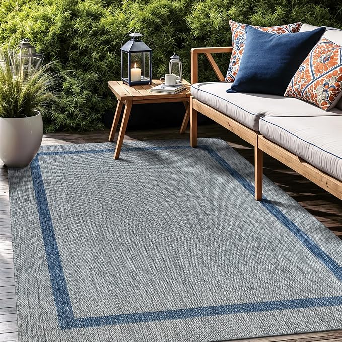 Luul Home Bordered Outdoor Rug 5x7 Washable Outside Carpet for Indoor Patio Porch Waterproof Easy Cleaning Non Shedding Area Rugs Silver Gray - Blue 5 x 7