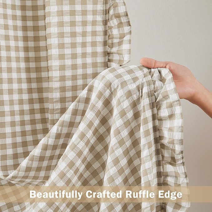 ZJDECOR Khaki Buffalo Plaid Cotton Blended Window Curtains 90 Inches Length | Rustic Ruffle Cortinas,Not-See-Through Sheer Drapes,Neutral Window Treatment,Bedroom Living Room,Rod Pocket,40"Wx90"Lx2