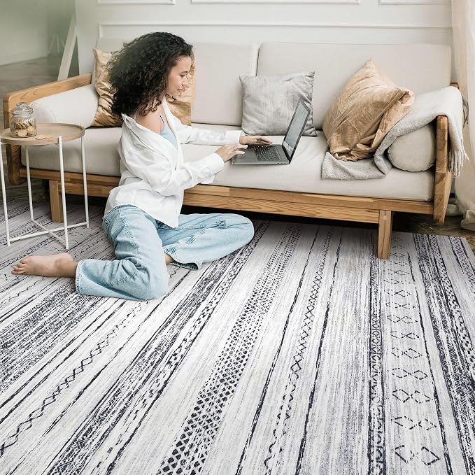 Tortania Area Rug Living Room Rugs - 7x9 Washable Large Soft Neutral Boho Moroccan Bohemian Farmhouse Rug Indoor Floor Carpet for Bedroom Under Dining Table Home Office Decor - Grey