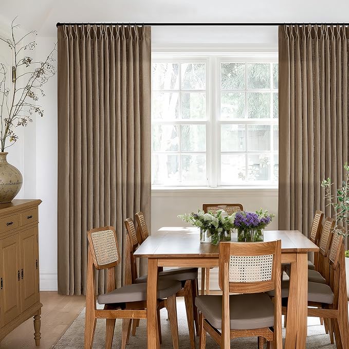 105 Inch Linen Curtains 2 Panels Set Pinch Pleated for Living Room Bedroom Memory Training Shaped Semi Sheer Dutch Cocoa Pinch Pleat Drapes Hooks Rings Light Filtering Window Curtain Drapes