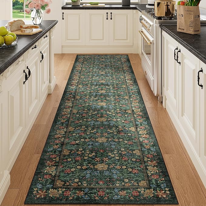 DUKINO 2x8 Runner Rug, Washable Vintage Floral Kitchen Rug, Green | Non Slip, Low Pile, Non-Shedding, Stain Resistant Aesthetic Soft Carpet Runner for Hallway Bathroom Laundry Bedroom Entryway