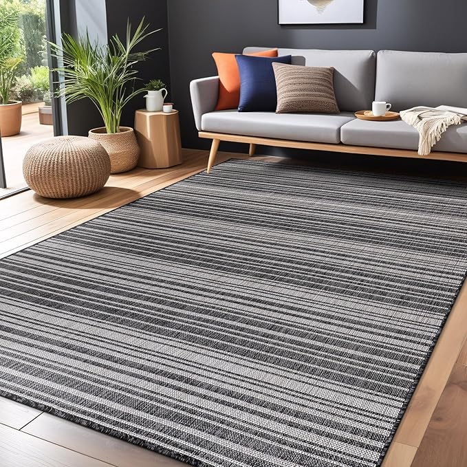 Luul Home Stripe Outdoor Rug 5x7 Washable Outside Carpet for Indoor Patio Porch Waterproof Easy Cleaning Non Shedding Area Rugs Dark Gray 5 x 7