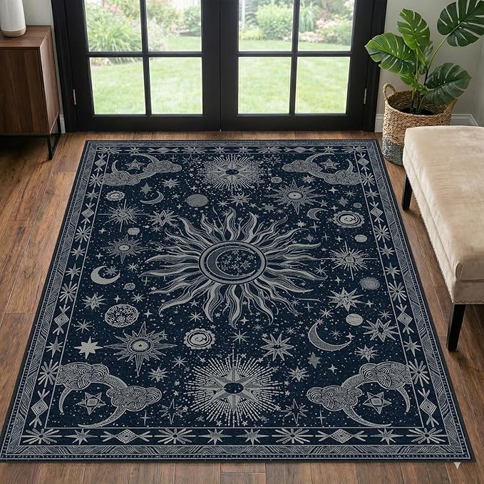 Vacuum-Friendly, 3x5 Washable Area Rug, Blue Gray White | Sun and Moon Boho Gothic Non-Slip Low Pile Living Roon Bedroom Dining Room Kitchen Entry Entryway Entrance Hallway Doormat