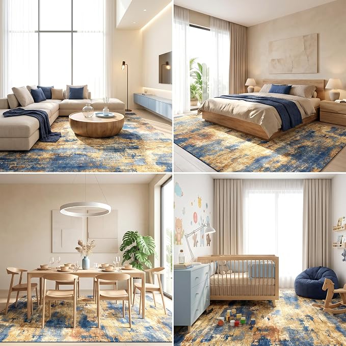 Large Washable Area Rug, 8'x10', Navy & Gold | 0.3" Low Pile, Abstract Rug, Non-Slip Silicone Backing, Water & Stain Resistant, Modern Contemporary, 100% Cotton Backing