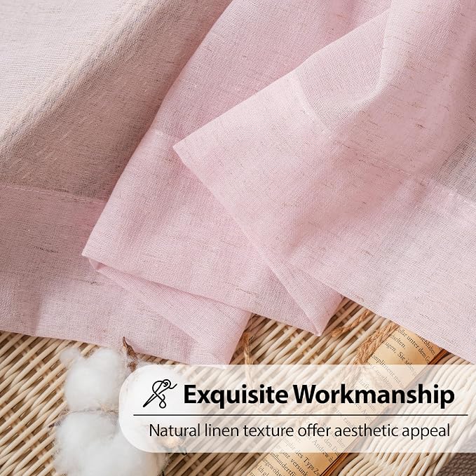 FMFUNCTEX Pink Flax Linen Sheer Curtains 96 Inch Long Rod Pocket 2 Panels | Semi Sheer Window Drapes Pink for Bedroom and Living Room, Farmhouse French Window Curtain Privacy