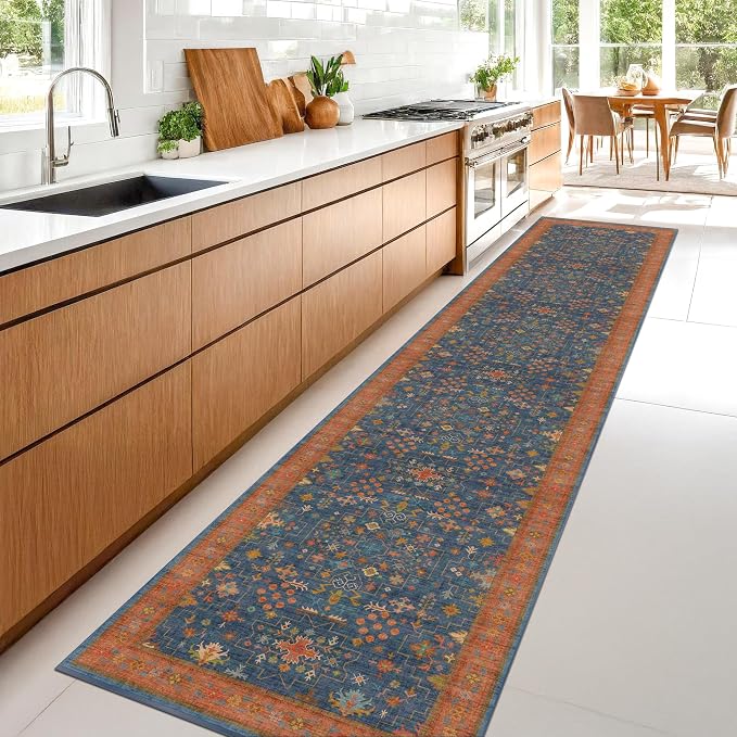 Hazo Haus Navy Blue Washable Hallway Runner Rug 2x10 Non Slip Rugs for Kitchen, Mudroom, Bathroom, Hall Way - 10 ft Long Dark Boho Geometric Decor, Fade & Stain Resistance