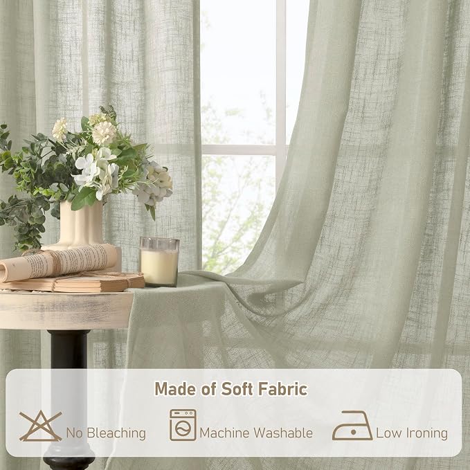LAMIT Semi Sheer Linen Curtains 36 Inch Length 2 Panels, Light Filtering Panels Back Tab and Rod Pocket Neutral Drapes for Bathroom/Kitchen/Loft Room, Sage Grey, 34 x 36 Inch