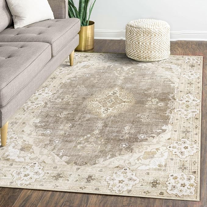 MUJOO 5'x7' Area Rugs Beige Washable Boho Rug Non Slip Low-Pile Floral | Machine Washable Large Throw Carpet for Bedroom Living Room Dining Room Soft Floor Indoor Vintage Bohemian Flowers