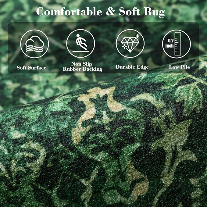 Dark Green 2x5 Runner Rug for Hallways Bed Side Kitchen, Boho Washable Distressed Low-Pile Floor Entryway Long Bathroom Mat, Non-Slip Laundry Room Washstand Front Carpet Green 24x60 Inch