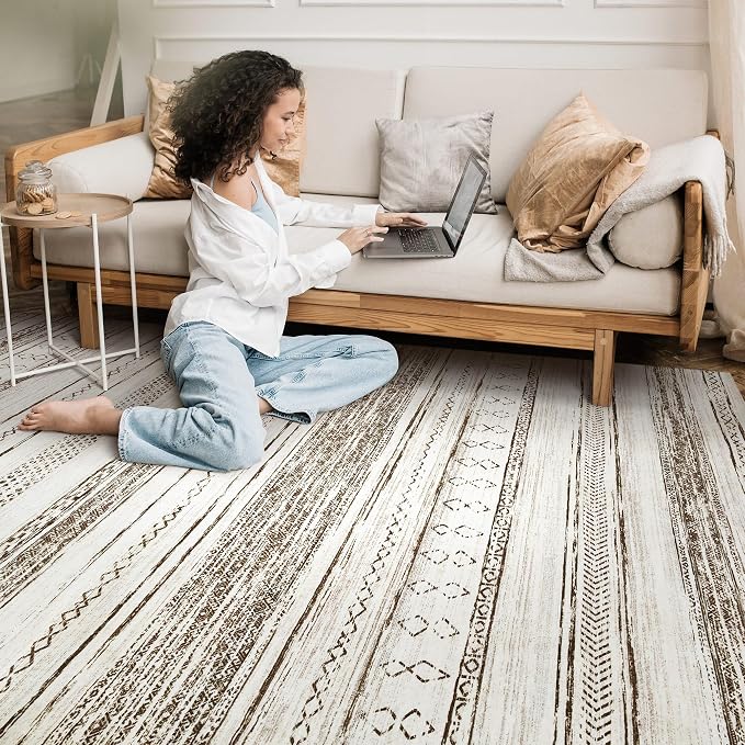 Tortania Area Rug Living Room Rugs - 9x12 Washable Large Soft Neutral Boho Moroccan Bohemian Farmhouse Rug Indoor Floor Carpet for Bedroom Under Dining Table Home Office Decor - Cream Brown