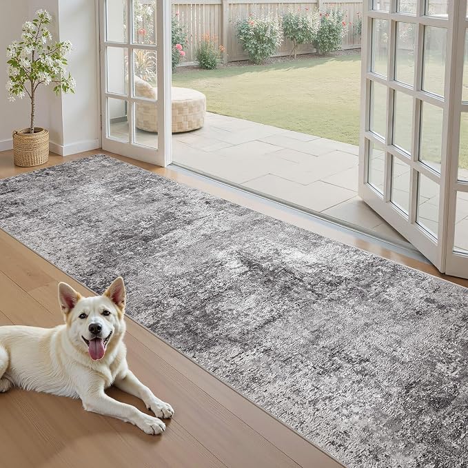 DMOYEST 3x10 Washable Runner Rug for Hallway: Soft Neutral Modern Abstract Low Pile Rug Indoor - Carpet for Bedroom Dining Room Kitchen Entryway - Grey